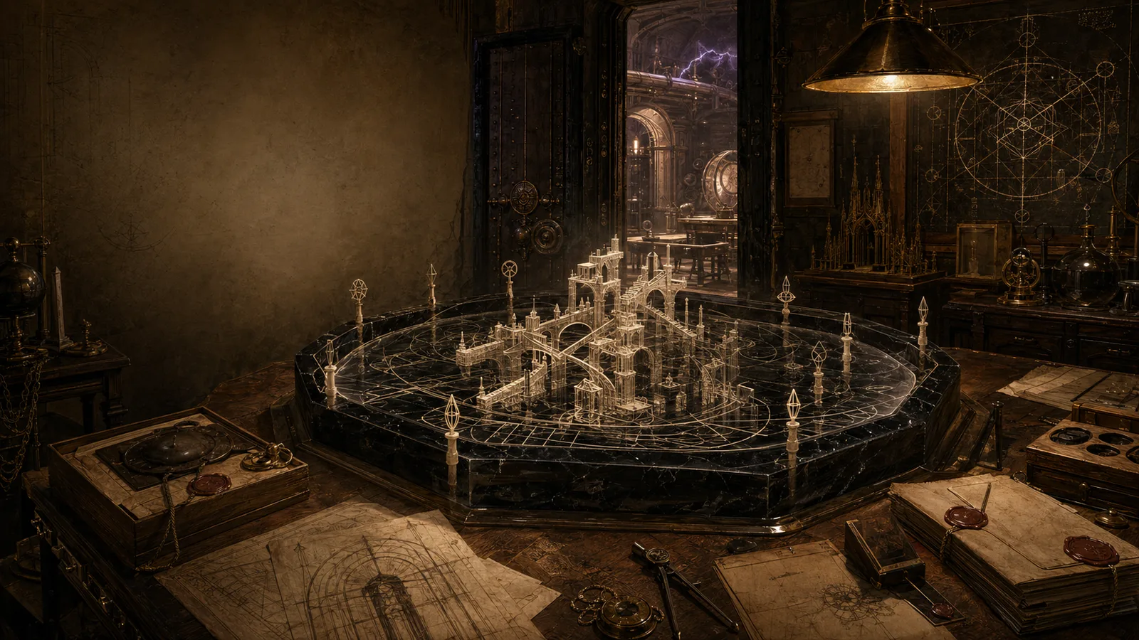 Arkham evaluation room with an impossible architectural model held in a diagnostic basin.