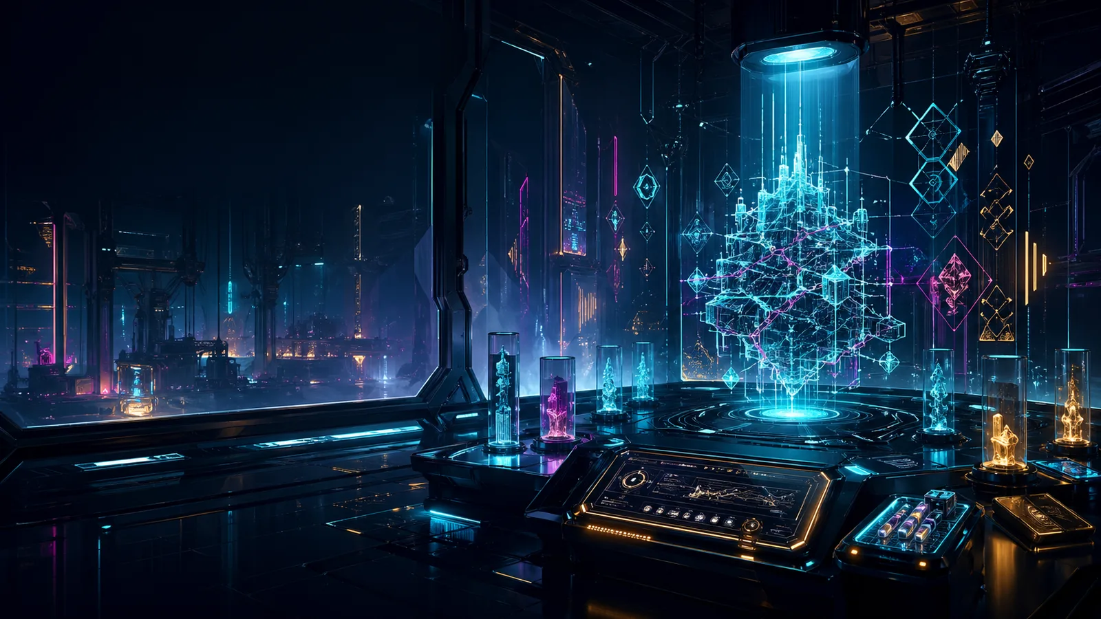 Cyberpunk evaluation chamber with a luminous software architecture being measured.